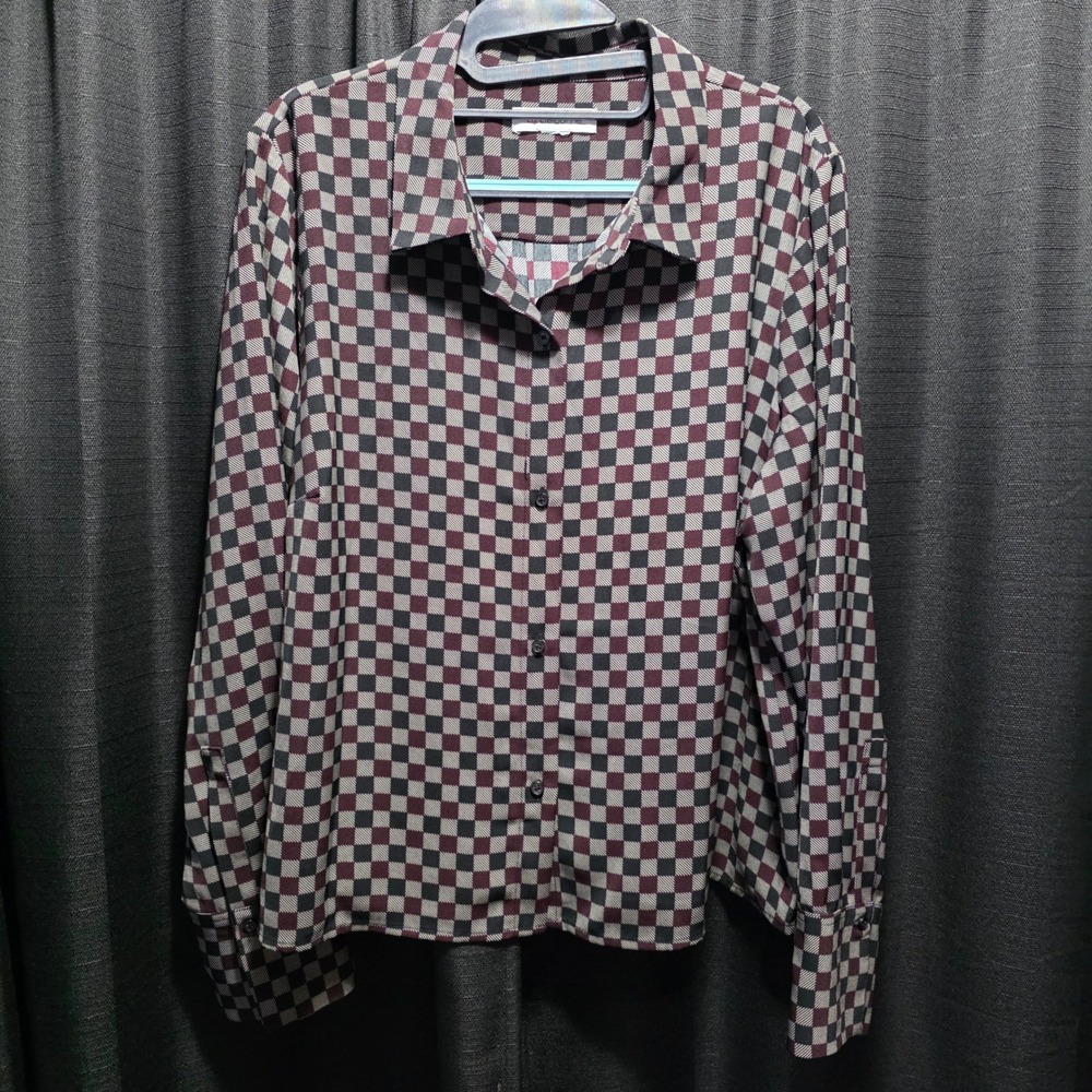 Liz Claiborne‎ Checkered Button Down Blouse Burgundy Black Grey Womens XL*